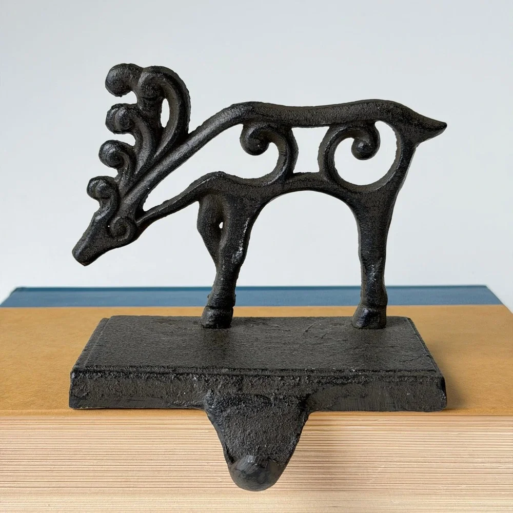 Vintage Cast Iron‎ Reindeer Stocking Hanger Scroll Filigree Rustic